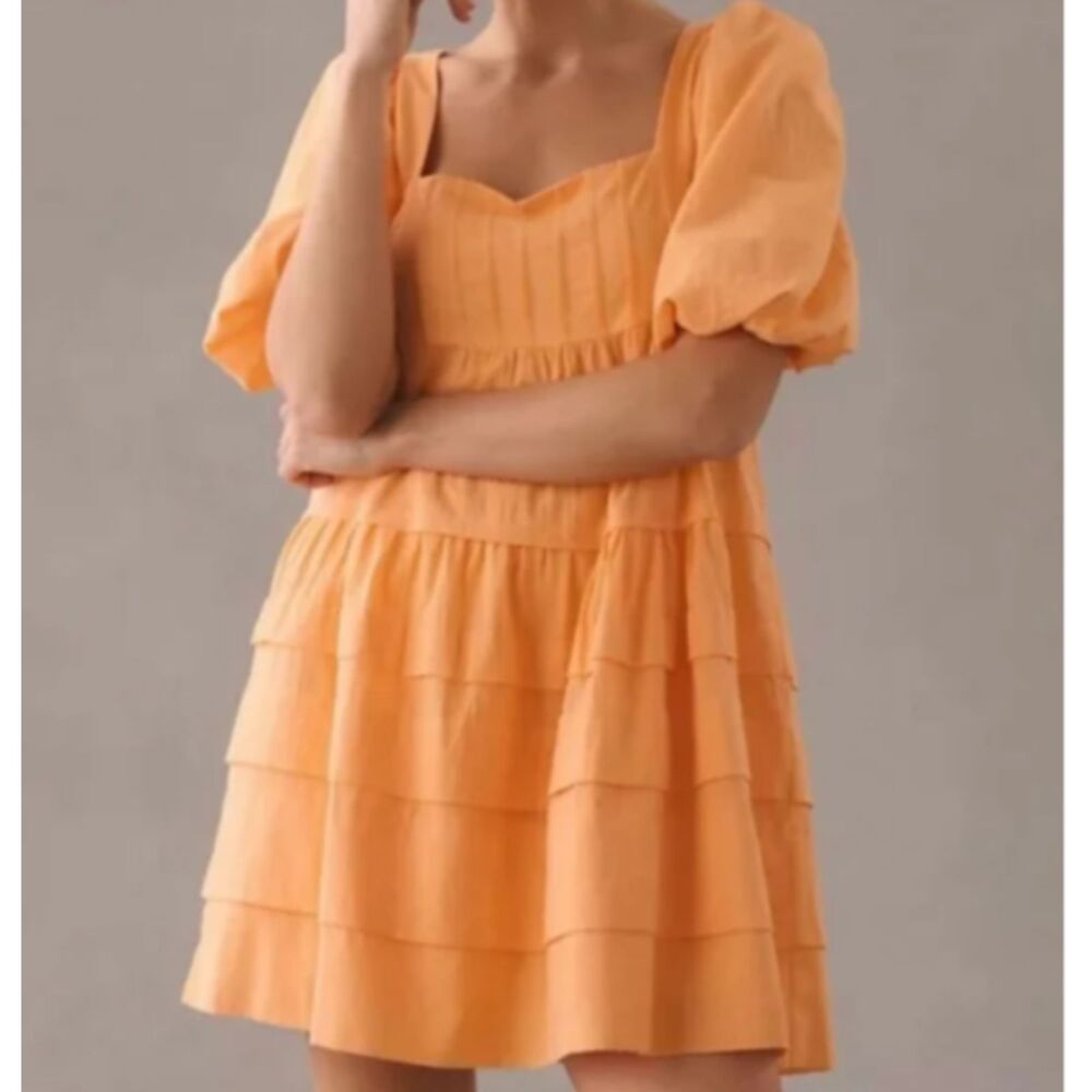 Anthropologie Orange Puff Sleeve Cotton Mini Dress XXS